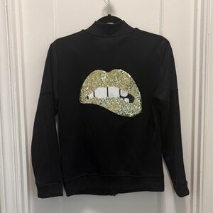 Adidas Black Full-Zip Track Jacket with lips appliqué on back